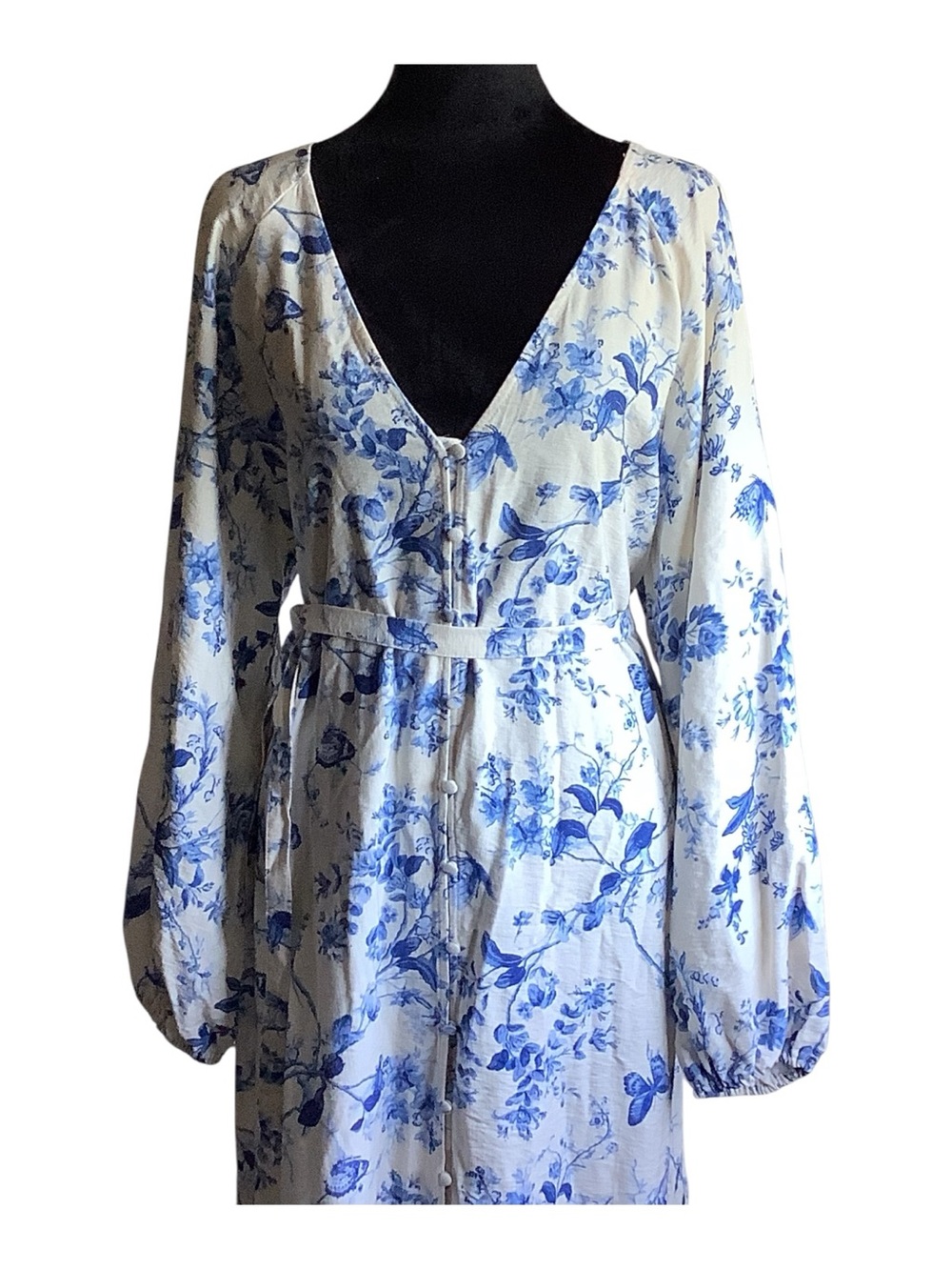 H&M Ivory White Blue Floral Butterfly Maxi Kaftan Dress Size M - Picture 3 of 9
